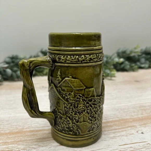 Vintage German Green Ceramic Stein with Embossed Figures - Picture 4 of 7